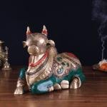 Brass Sitting Nandi Statue | 10" x 13.5" x 7.5" | 10 kg | Right Leg Raised | Stone Inlay Work | Sacred Temple Bull Art | Jaipurio